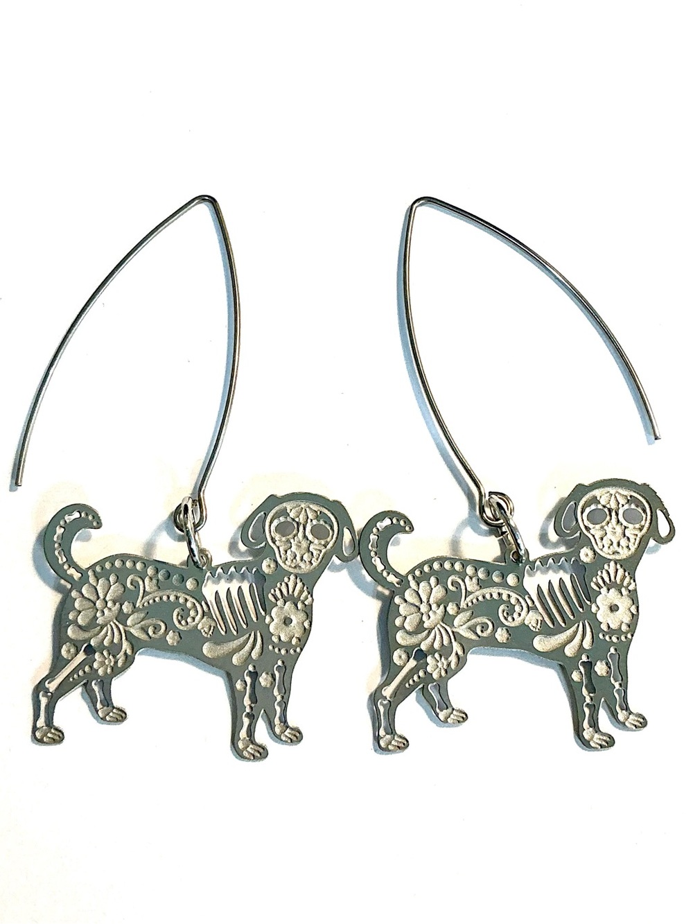 🆕 Dog Skeleton Laser Etched Dangle Earrings